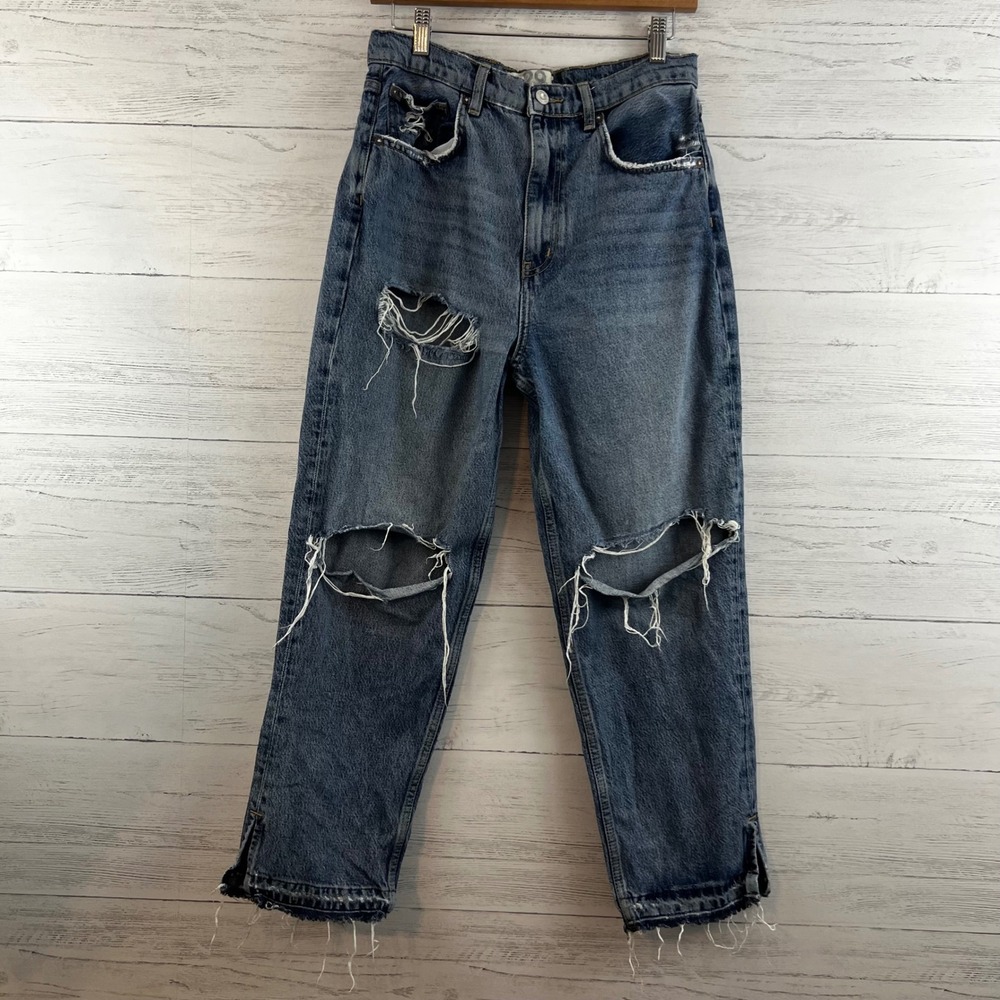 We The Free People Distressed Tapered Jeans Blue Denim Size 29 Blowout Knee Slit